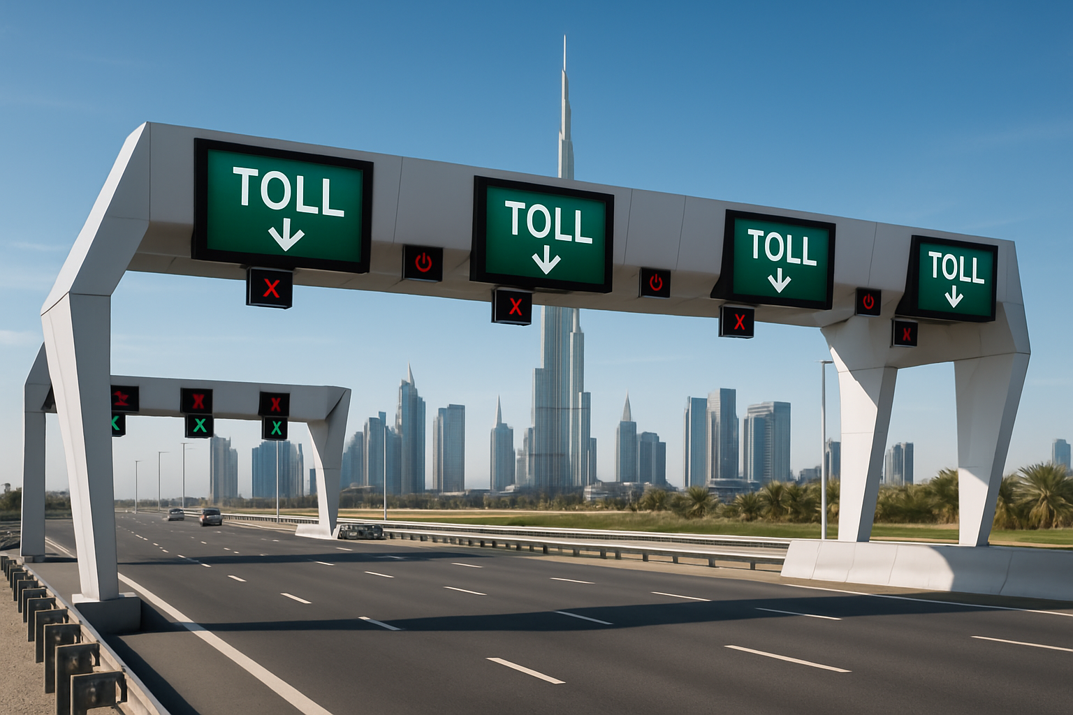 Modern toll gate infrastructure on a Dubai expressway